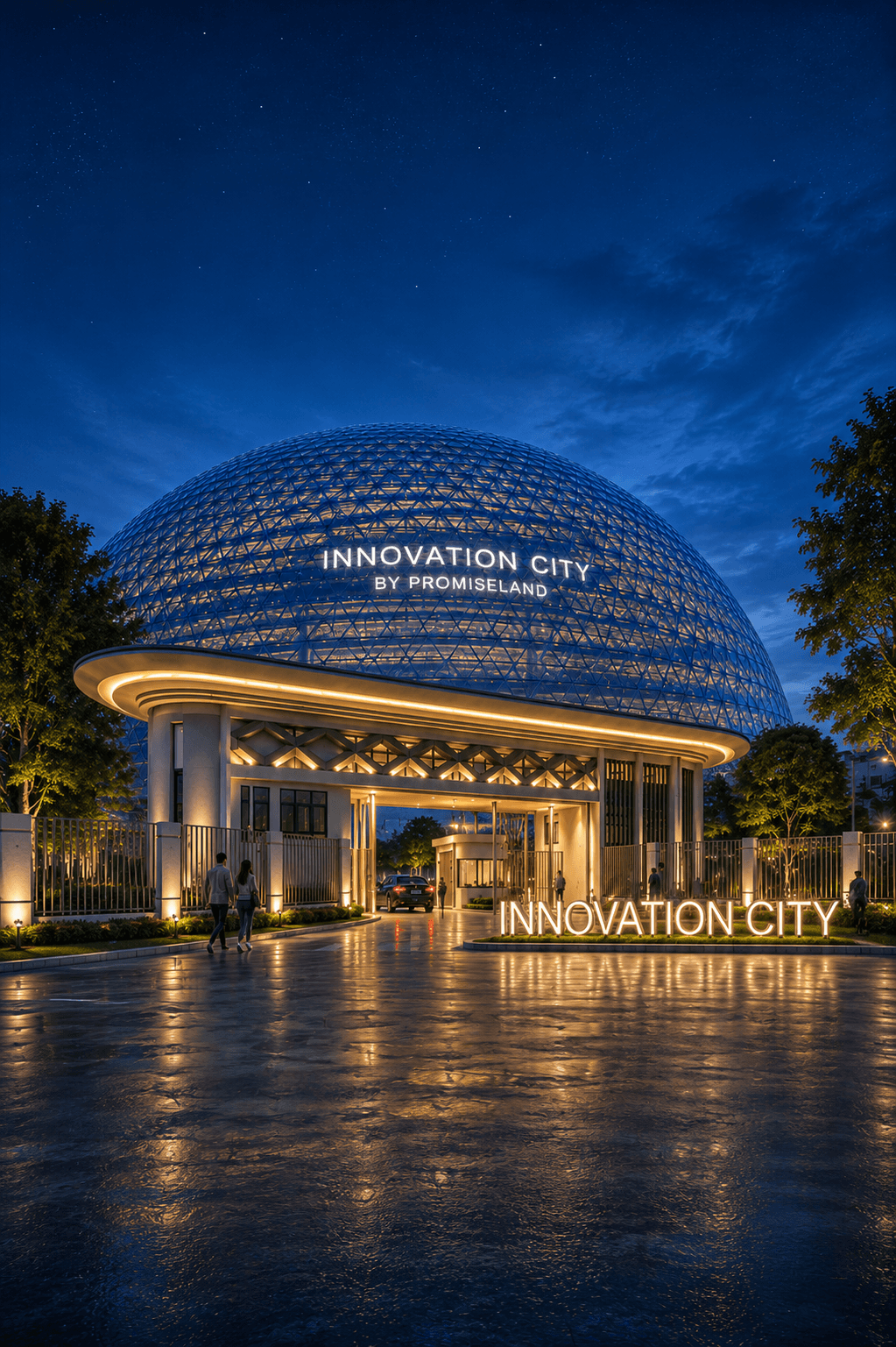 Innovation City Apo illuminated grand dome gate at dusk